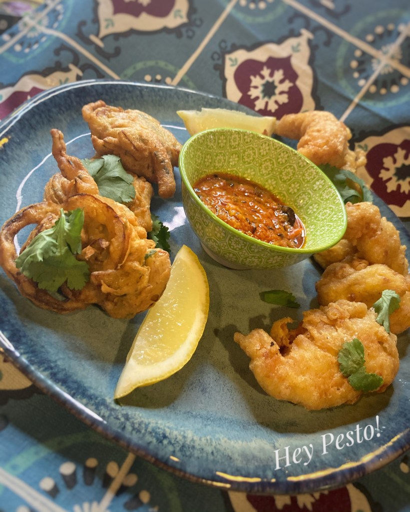 Onion bhajis and fish pakoras